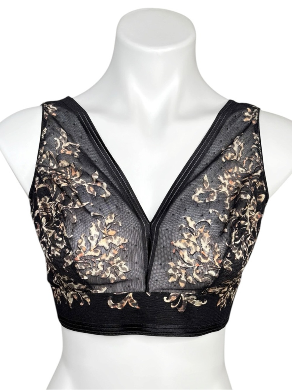 Wacoal Net Effects Bralette 38 Black Sheer Mesh Animal Print Wireless Bra 810340